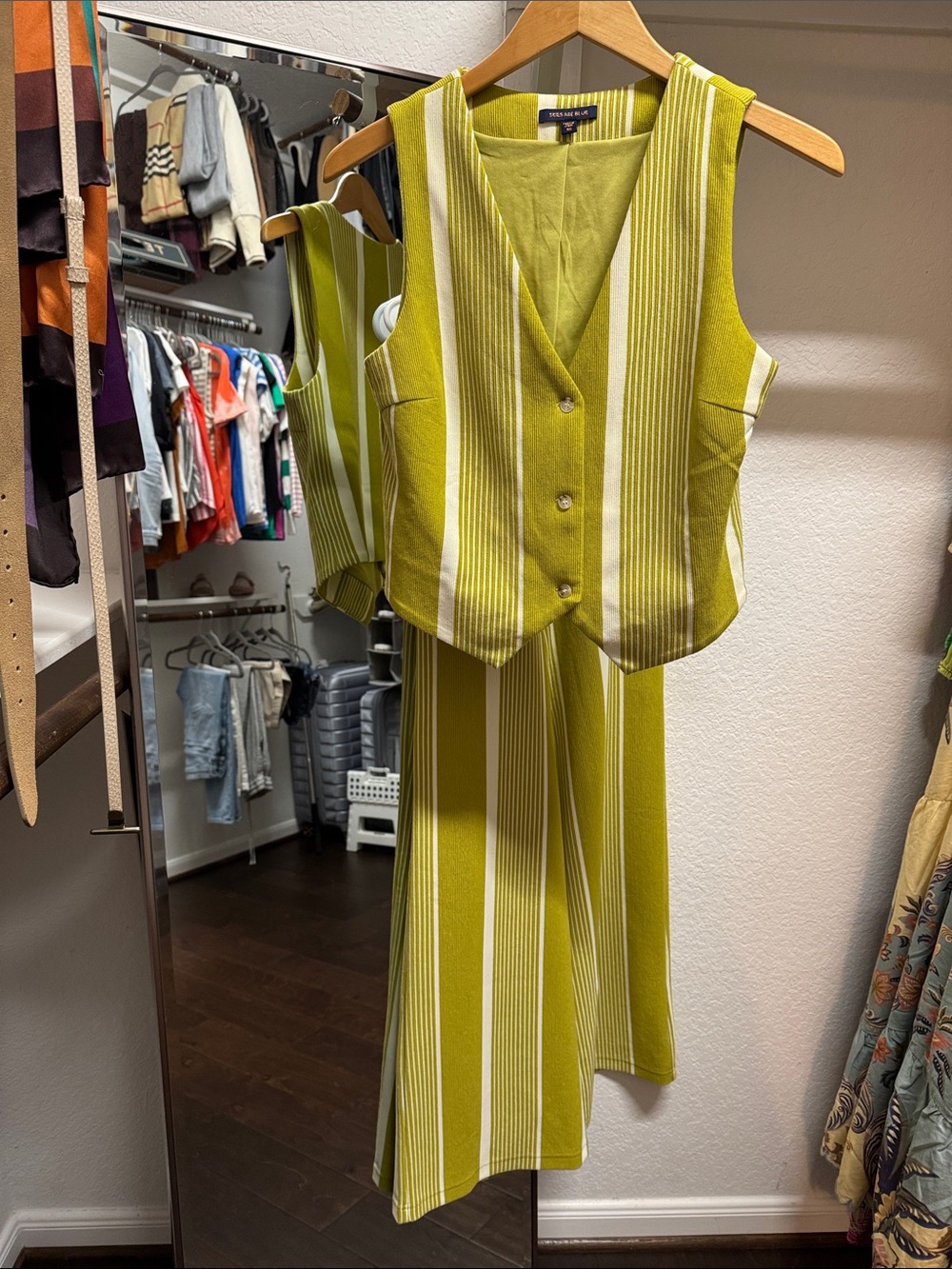 Skies Are Blue Striped Lime Green & White Wide-Leg Pants Set